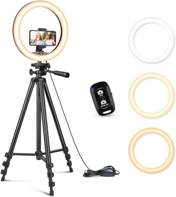 Sensyne 10'' Ring Light with 50'' Extendable Tripod Stand, LED Circle Lights with Phone Holder for Live Stream/Makeup/YouTube Video/TikTok, Compatible with All Phones