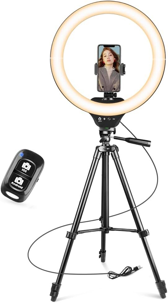 Sensyne 10'' Ring Light with 50'' Extendable Tripod Stand, LED Circle Lights with Phone Holder for Live Stream/Makeup/YouTube Video/TikTok, Compatible with All Phones