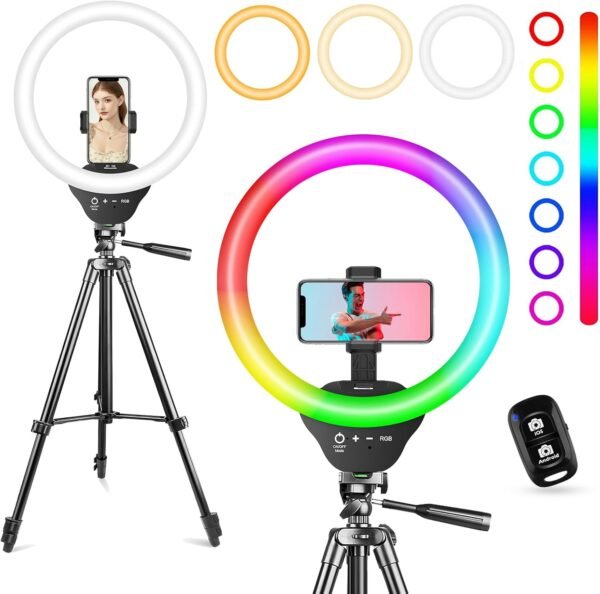 Sensyne 10'' Ring Light with 50'' Extendable Tripod Stand, LED Circle Lights with Phone Holder for Live Stream/Makeup/YouTube Video/TikTok, Compatible with All Phones