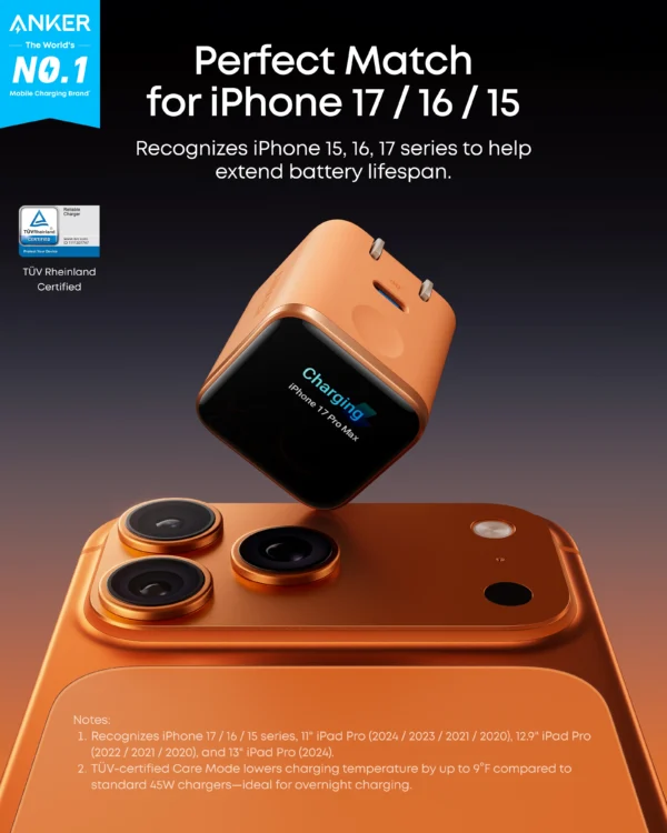 Anker Nano Charger (45W, Smart Display, 180° Foldable)