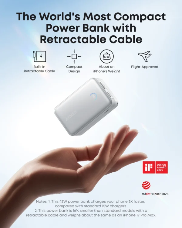 Anker Nano Power Bank (10K, 45W,Built-In Retractable USB-C Cable)