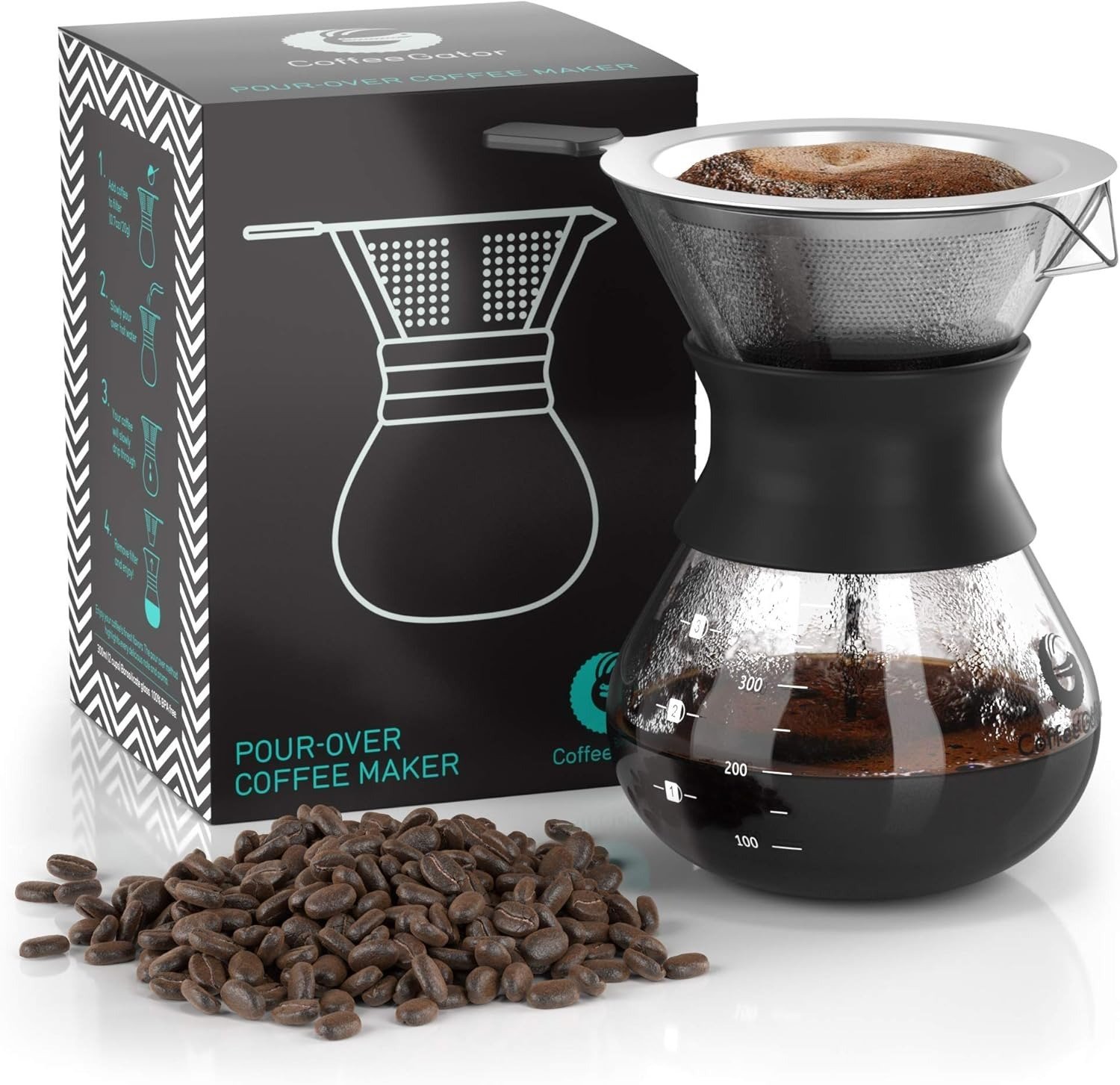 coffee gator pour over zaparzacz do kawy – więcej smaku dzięki bezpapierowemu filtrowi ze stali nierdzewnej i szklanej karafce – ręczny zaparzacz do kawy – 400 ml coffee gator pour over zaparzacz do kawy – więcej smaku dzięki bezpapierowemu filtrowi ze stali nierdzewnej i szklanej karafce – ręczny zaparzacz do kawy – 400 ml