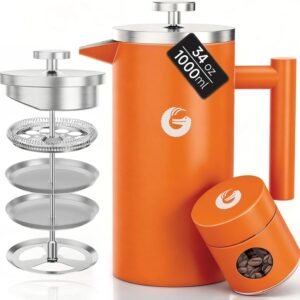 coffee gator cafetiere french press plus mini pojemnik na słoiki, izolowana prasa do kawy z podwójnymi ściankami z filtrem ze stali nierdzewnej, zaparzacz do herbaty na gorąco i zimno, 1 litr (4 8