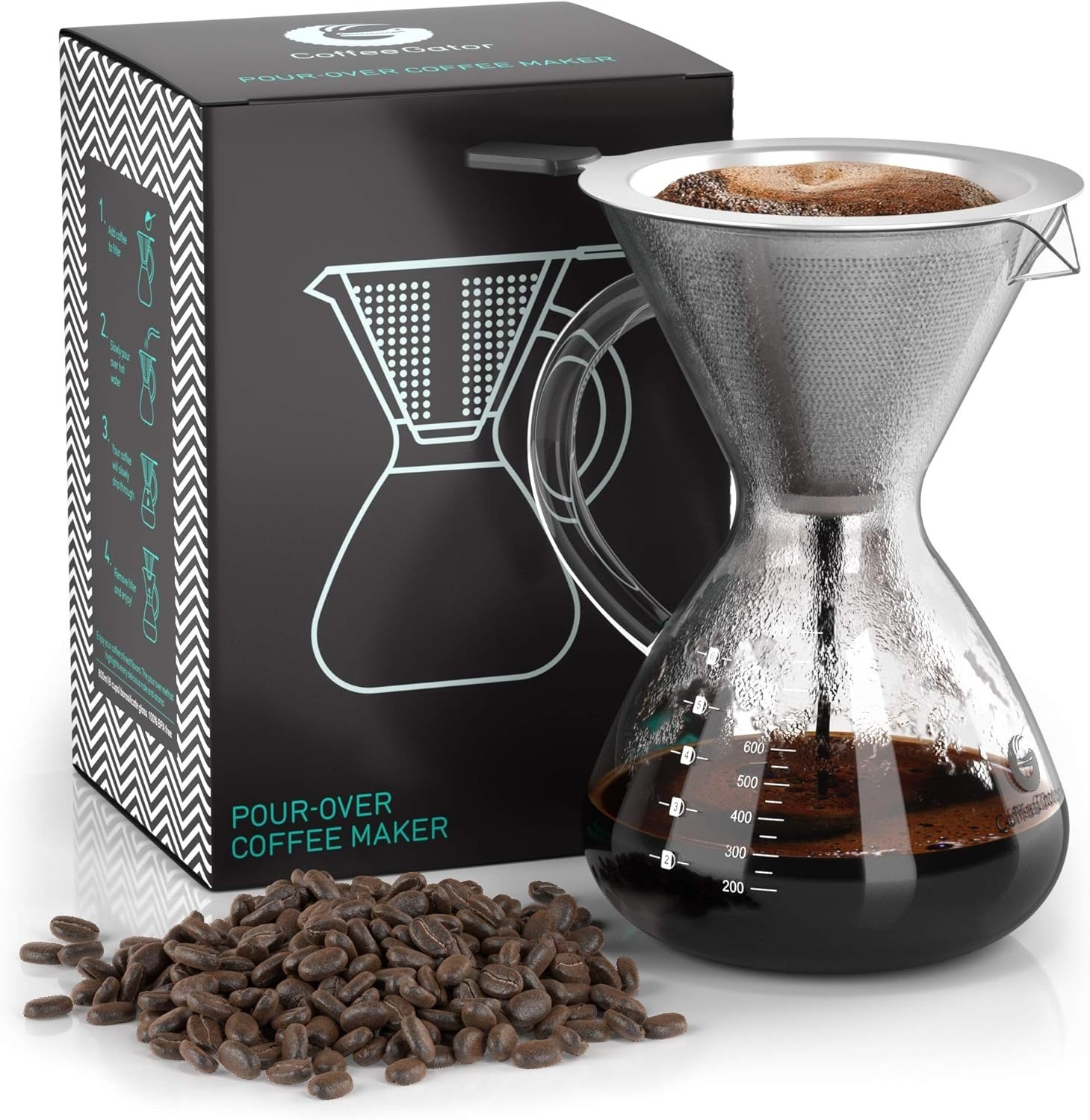 coffee gator pour over zaparzacz do kawy – więcej smaku dzięki bezpapierowemu filtrowi ze stali nierdzewnej i szklanej karafce – ręczny zaparzacz do kawy – 400 ml coffee gator pour over zaparzacz do kawy – więcej smaku dzięki bezpapierowemu filtrowi ze stali nierdzewnej i szklanej karafce – ręczny zaparzacz do kawy – 400 ml