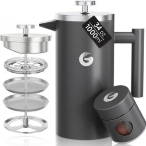 coffee gator cafetiere french press plus mini pojemnik na słoiki, izolowana prasa do kawy z podwójnymi ściankami z filtrem ze stali nierdzewnej, zaparzacz do herbaty na gorąco i zimno, 1 litr (4 8