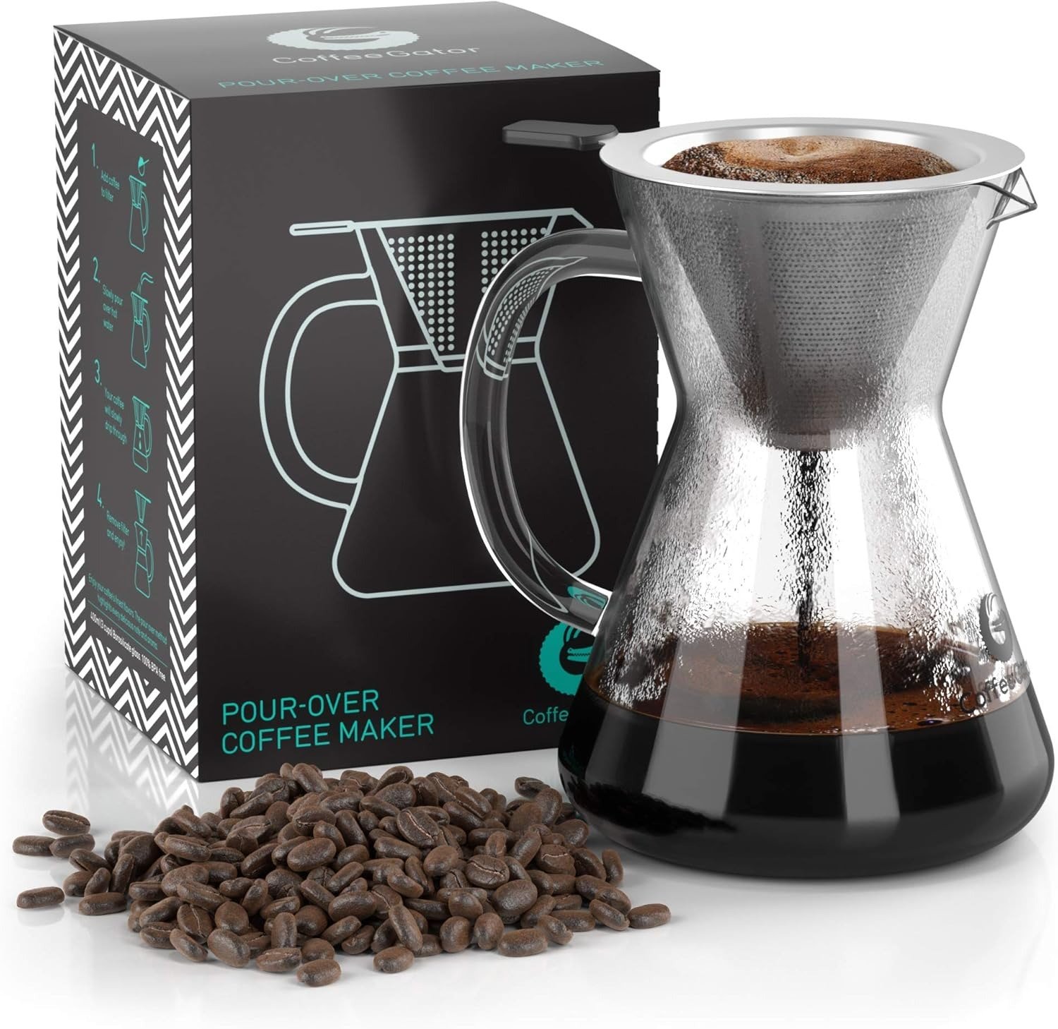 coffee gator pour over zaparzacz do kawy – więcej smaku dzięki bezpapierowemu filtrowi ze stali nierdzewnej i szklanej karafce – ręczny zaparzacz do kawy – 400 ml coffee gator pour over zaparzacz do kawy – więcej smaku dzięki bezpapierowemu filtrowi ze stali nierdzewnej i szklanej karafce – ręczny zaparzacz do kawy – 400 ml