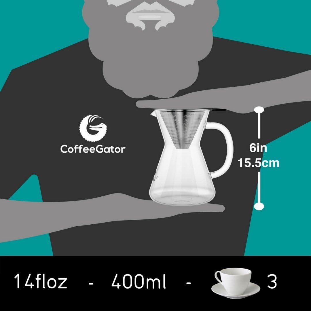 coffee gator pour over zaparzacz do kawy – więcej smaku dzięki bezpapierowemu filtrowi ze stali nierdzewnej i szklanej karafce – ręczny zaparzacz do kawy – 400 ml coffee gator pour over zaparzacz do kawy – więcej smaku dzięki bezpapierowemu filtrowi ze stali nierdzewnej i szklanej karafce – ręczny zaparzacz do kawy – 400 ml